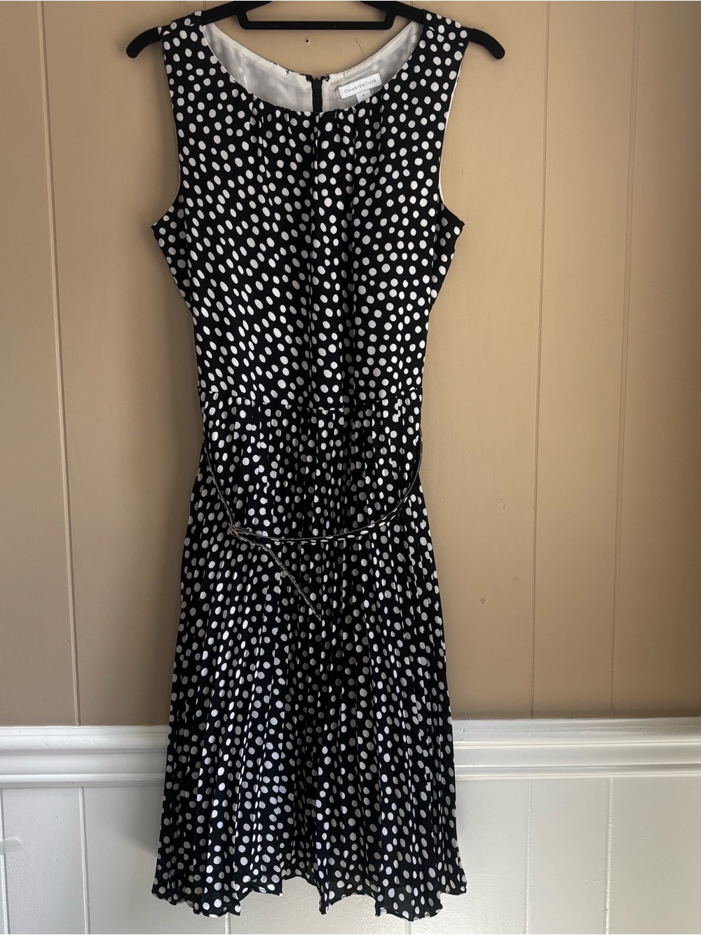 Charter Club Polka Dot Pleated Fit & Flare Dress Sz 8 Black White Belted Midi